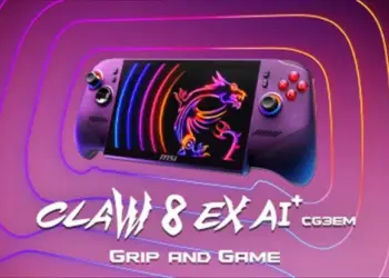 Konsol genggam PC MSI Claw 8 EX AI+ dengan latar belakang neon dan logo naga MSI.