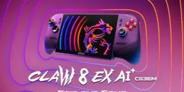 Konsol genggam PC MSI Claw 8 EX AI+ dengan latar belakang neon dan logo naga MSI.