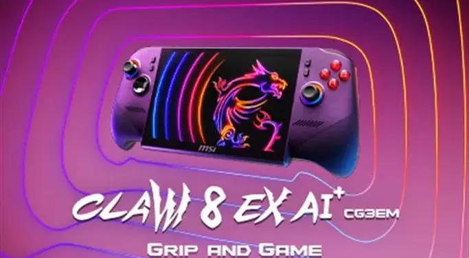 Konsol genggam PC MSI Claw 8 EX AI+ dengan latar belakang neon dan logo naga MSI.