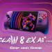 Konsol genggam PC MSI Claw 8 EX AI+ dengan latar belakang neon dan logo naga MSI.