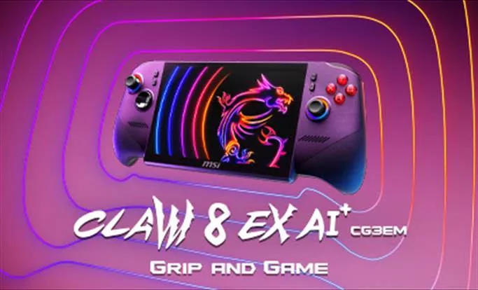 Konsol genggam PC MSI Claw 8 EX AI+ dengan latar belakang neon dan logo naga MSI.