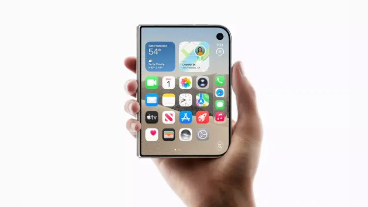 Tangan memegang perangkat iPhone Duo dengan layar depan persegi yang menampilkan antarmuka iOS.