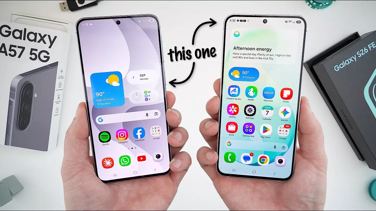 Perbandingan tampilan layar depan Samsung Galaxy S26 FE dan Samsung Galaxy A57 5G beserta boks penjualan.