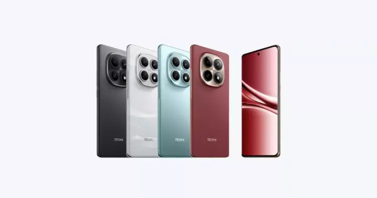 Empat varian warna HP Low-Mid Range Redmi beserta tampilan layar depan berlatar putih.
