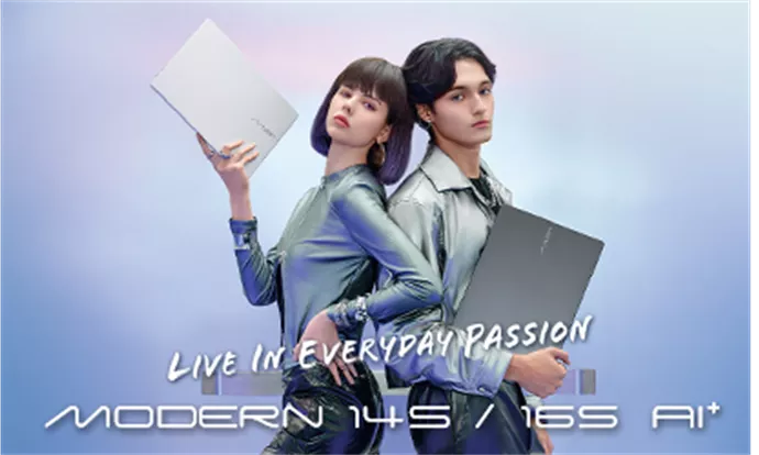 Dua model memperagakan laptop MSI Modern 14S dan 16S AI+ bernuansa perak dan abu-abu.