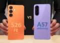 Pilihan warna Samsung Galaxy S26 FE oranye dan Samsung Galaxy A57 ungu tampak belakang.