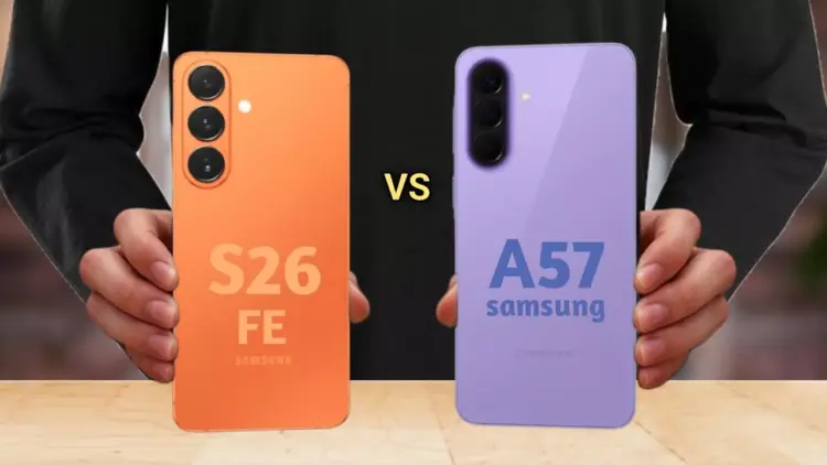 Pilihan warna Samsung Galaxy S26 FE oranye dan Samsung Galaxy A57 ungu tampak belakang.