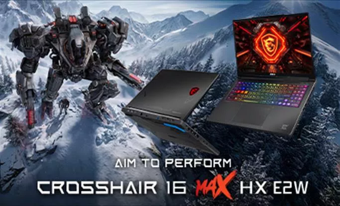 Laptop gaming MSI Crosshair 16 Max HX D2W bersanding dengan robot mecha di pegunungan salju.