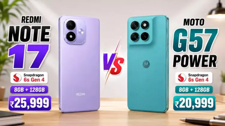 Perbandingan spesifikasi dan harga Redmi Note 17 warna ungu vs Moto G57 Power warna toska.