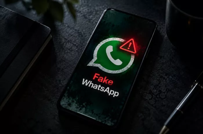 Layar smartphone menampilkan logo WhatsApp dengan tanda peringatan bahaya aplikasi WhatsApp Palsu.