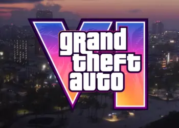 Logo resmi Grand Theft Auto VI (GTA 6) dengan latar belakang pemandangan kota di senja hari.