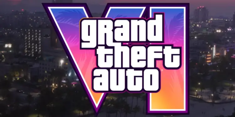 Logo resmi Grand Theft Auto VI (GTA 6) dengan latar belakang pemandangan kota di senja hari.