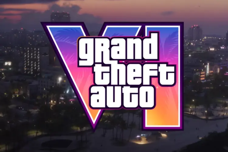 Logo resmi Grand Theft Auto VI (GTA 6) dengan latar belakang pemandangan kota di senja hari.