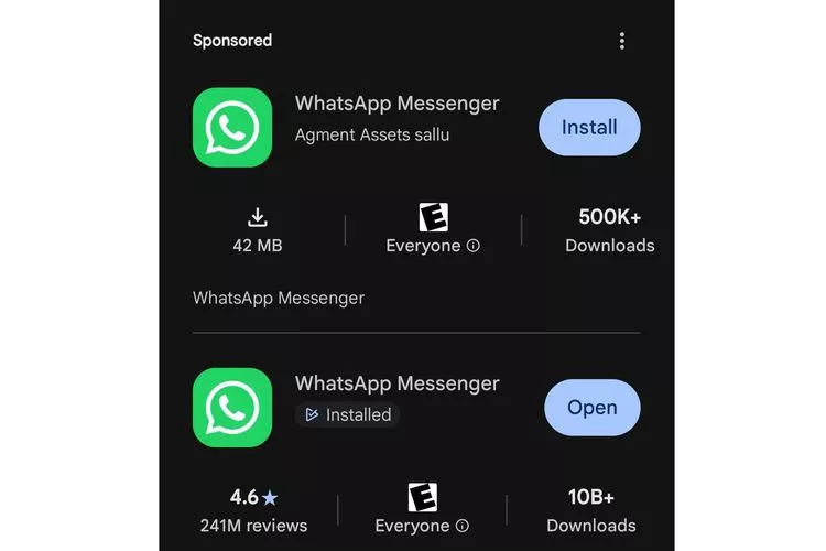 Perbandingan aplikasi WhatsApp Palsu tiruan berbayar/bersponsor dan aplikasi WhatsApp resmi di Google Play Store.