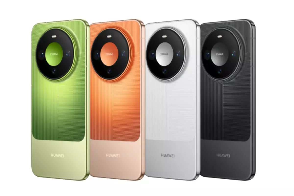 Empat varian warna Huawei Mate 90 Pro berdiri sejajar menampilkan warna hijau, oranye, putih, dan hitam