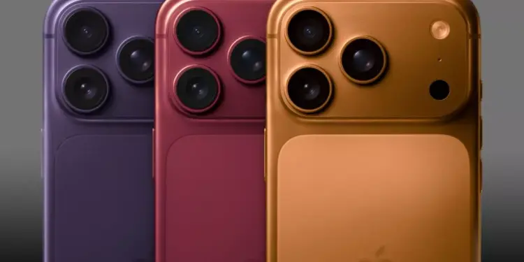Tiga varian warna iPhone 18 Pro yang menampakkan detail modul kamera belakang dan bodi belakang.