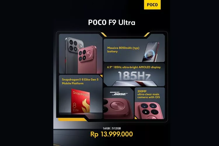 Poster spesifikasi dan harga POCO F9 Ultra varian 16GB 512GB.