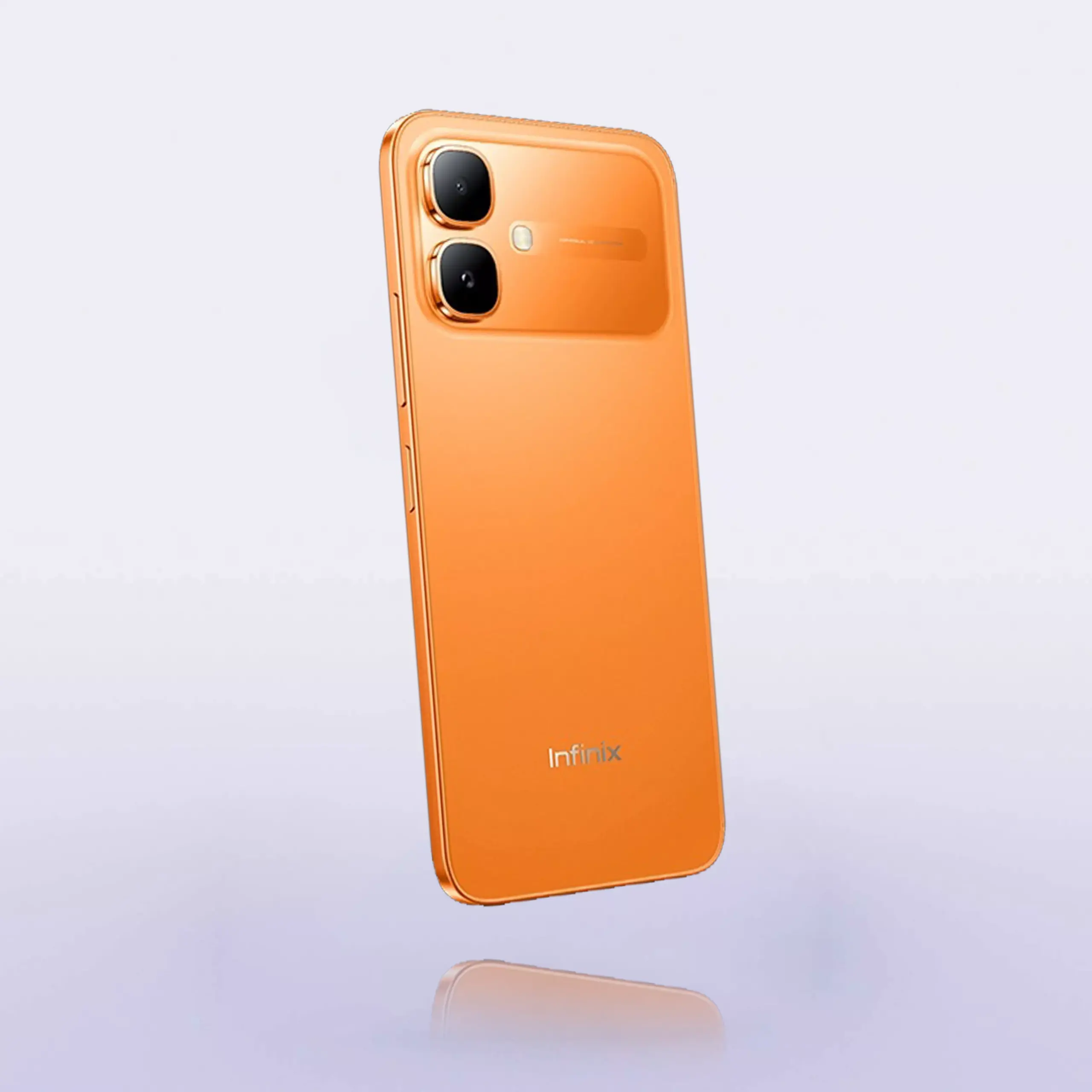 Desain bodi belakang Infinix SMART 20E warna oranye dengan modul dual kamera.
