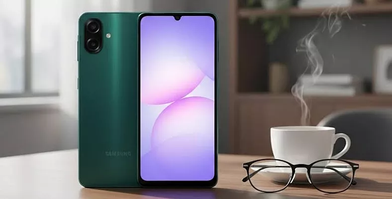 HP 2 Jutaan Samsung berwarna hijau tua tampak depan dan belakang berdiri di atas meja kayu.