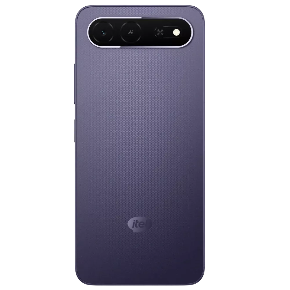 Tampilan bodi belakang smartphone itel City 300 5G warna ungu dengan tekstur halus dan logo itel.
