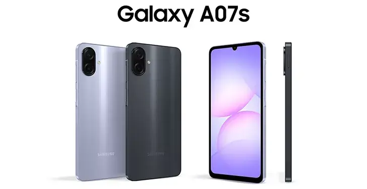 Poster resmi rilis Samsung Galaxy A07s yang memperlihatkan bodi depan dan belakang smartphone