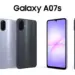 Poster resmi rilis Samsung Galaxy A07s yang memperlihatkan bodi depan dan belakang smartphone