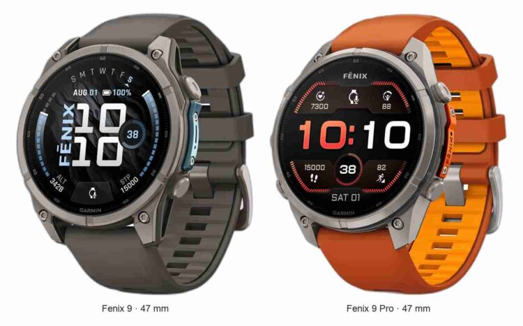 Perbandingan desain model Garmin Fenix 9 dan Garmin Fenix 9 Pro ukuran 47 mm.