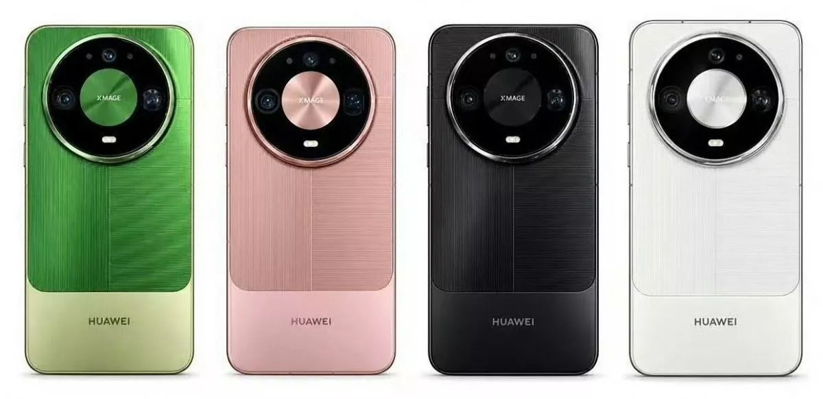 Tampak belakang empat pilihan warna Huawei Mate 90 Pro hijau, merah muda, hitam, dan putih secara presisi