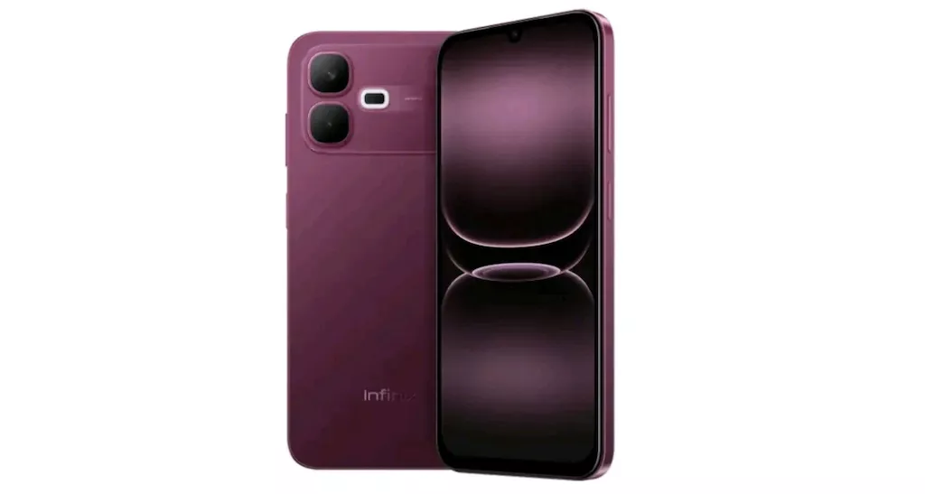 Tampilan sisi depan dan belakang Infinix SMART 20E varian warna ungu.