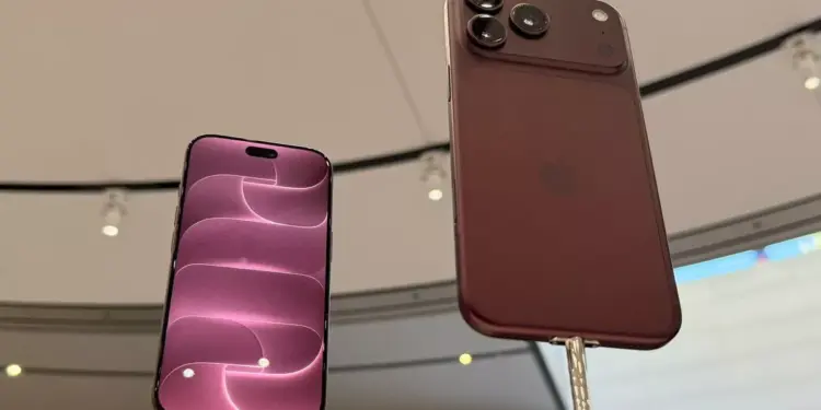Tampilan depan dan belakang iPhone 18 Pro yang dipajang di Apple Store.