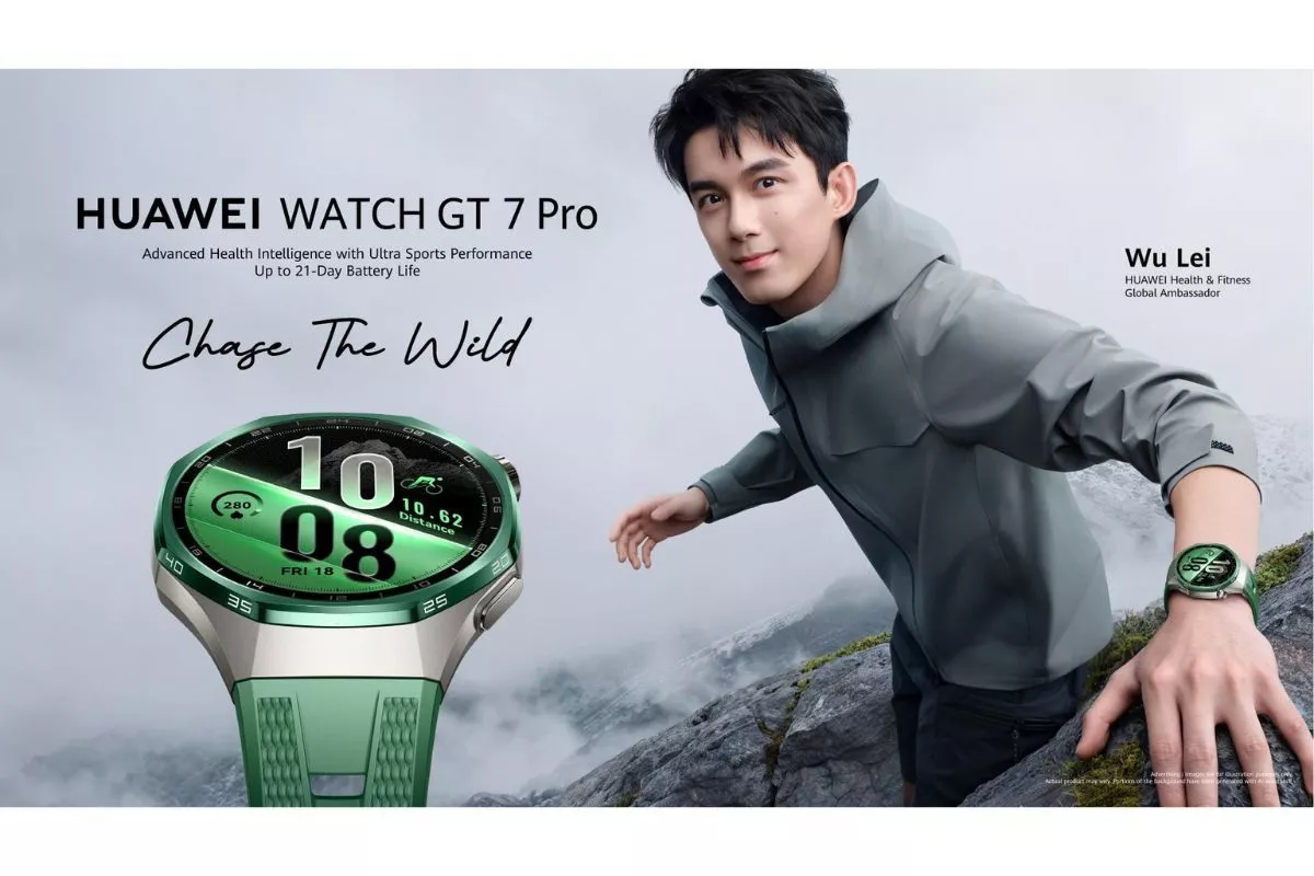 Poster promosi Huawei Watch GT 7 Pro varian warna hijau bersama brand ambassador Wu Lei.