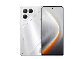 Tampak depan dan belakang HP 2 Jutaan Tecno Pova berwarna putih dengan desain futuristik.
