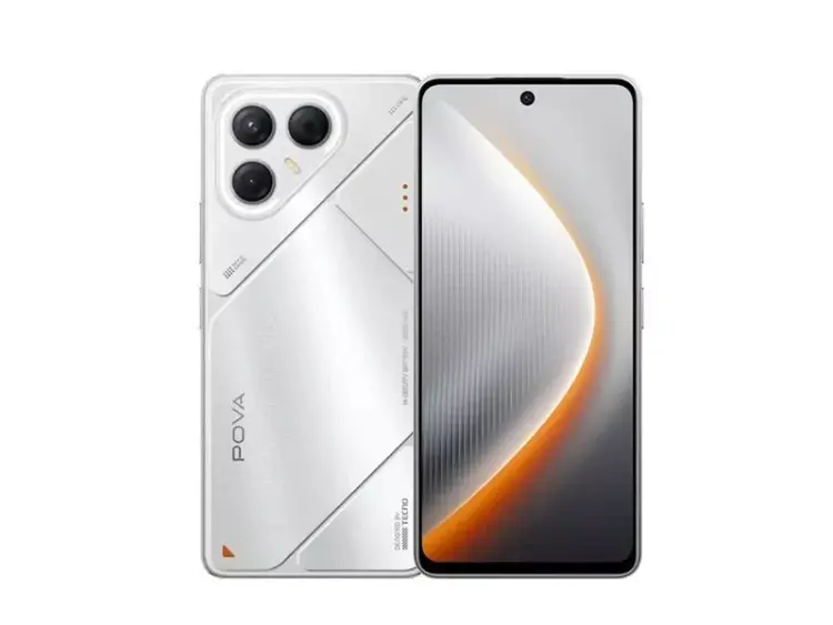 Tampak depan dan belakang HP 2 Jutaan Tecno Pova berwarna putih dengan desain futuristik.