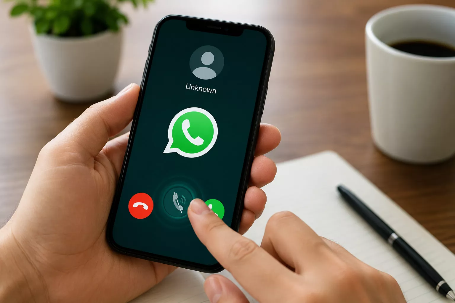 Tangan pengguna sedang menekan layar smartphone untuk menjawab panggilan telepon WhatsApp dari nomor tidak dikenal.