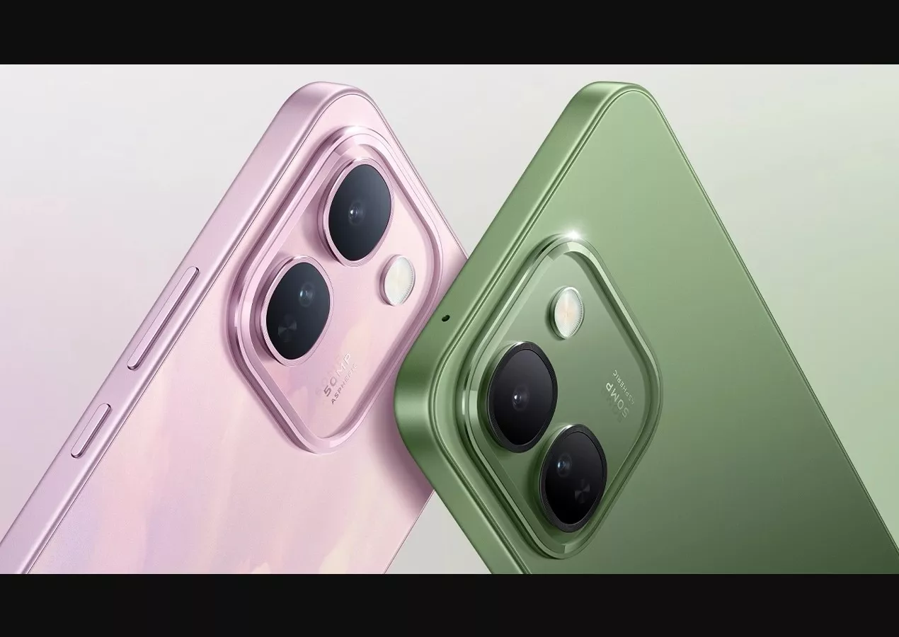 Detail modul kamera 50MP vivo V80 Lite 5G varian warna merah muda dan hijau.