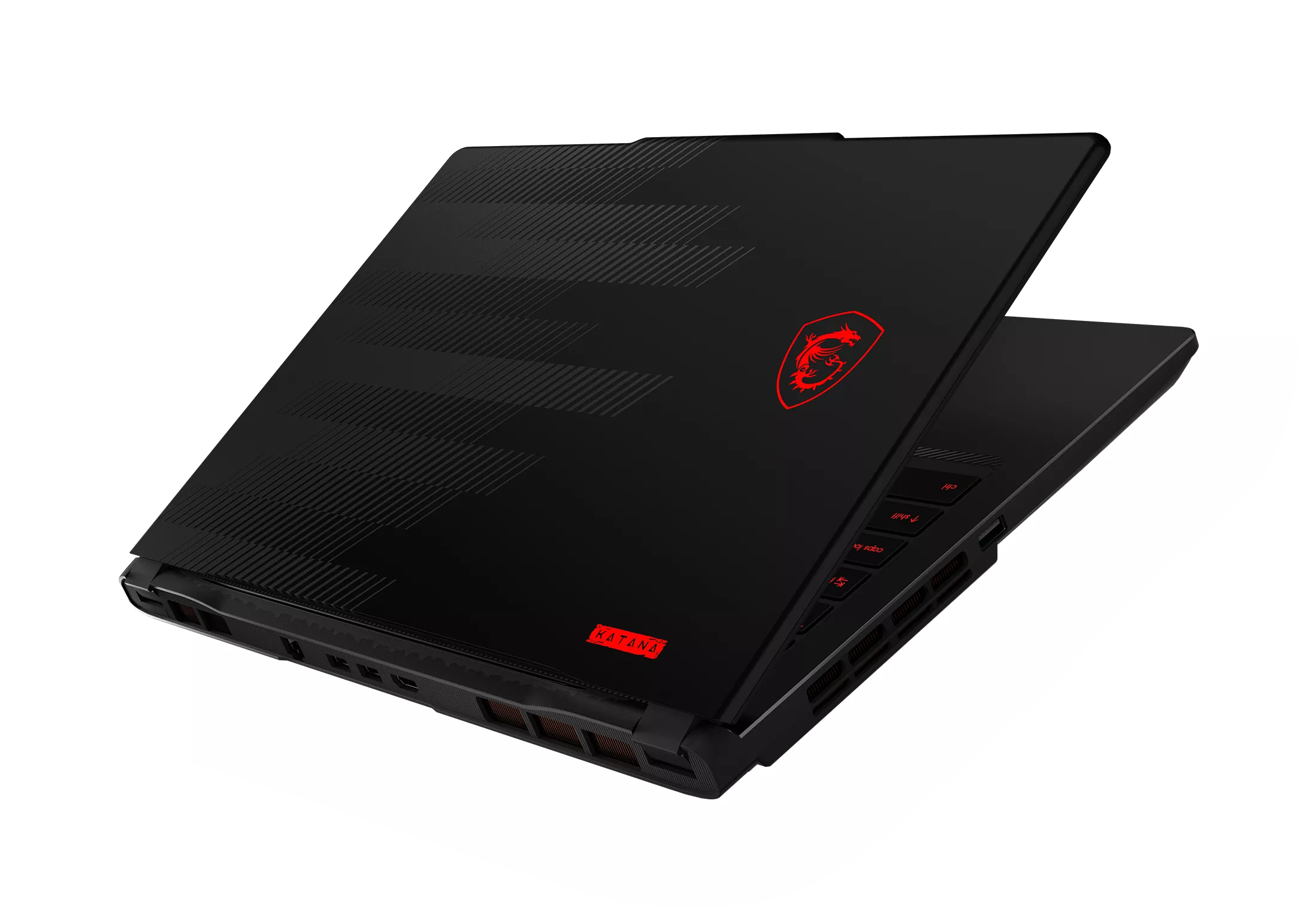 Detail cover belakang laptop gaming MSI Katana 15 HX 2026 berwarna hitam dengan logo naga merah