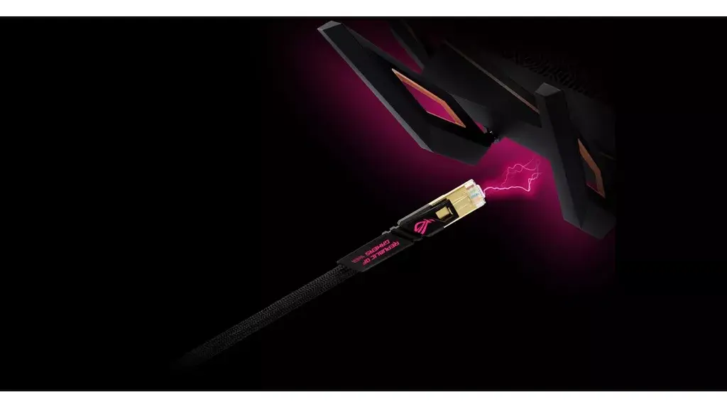 Ilustrasi kecepatan tinggi kabel ethernet ASUS ROG Zoom dengan efek kilatan listrik merah