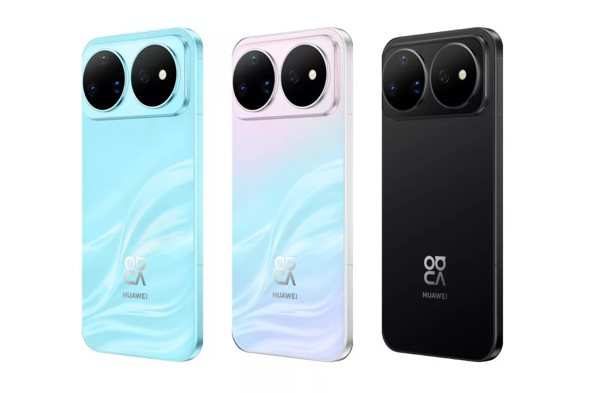 Rendering resmi desain bodi belakang Huawei Nova 16s Series dalam warna Biru, Putih, dan Hitam.