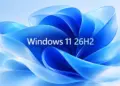 Logo wallpaper abstrak biru Microsoft Windows 11 26H2 edisi update terbaru