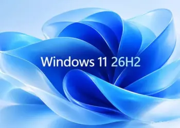 Logo wallpaper abstrak biru Microsoft Windows 11 26H2 edisi update terbaru