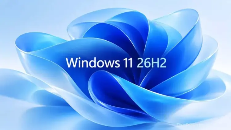Logo wallpaper abstrak biru Microsoft Windows 11 26H2 edisi update terbaru