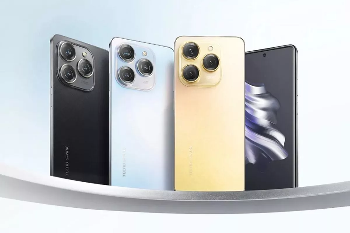 Jajaran varian warna HP Tecno Spark terbaru dengan modul kamera belakang yang modern.