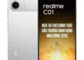 Tampilan desain bodi belakang dan layar depan smartphone realme C01 berwarna putih