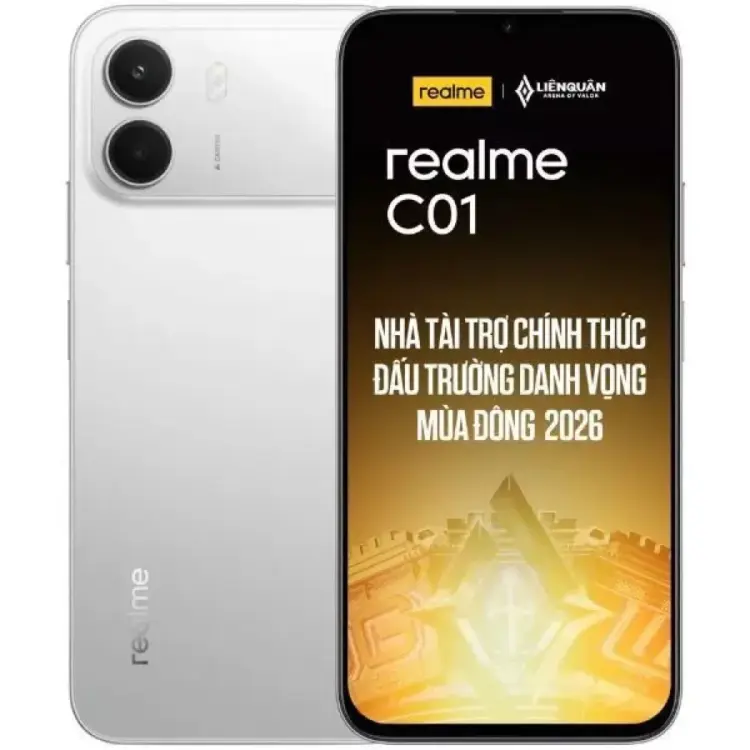 Tampilan desain bodi belakang dan layar depan smartphone realme C01 berwarna putih