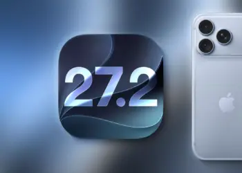 Logo pembaruan sistem operasi iOS 27.2 di sebelah perangkat iPhone.