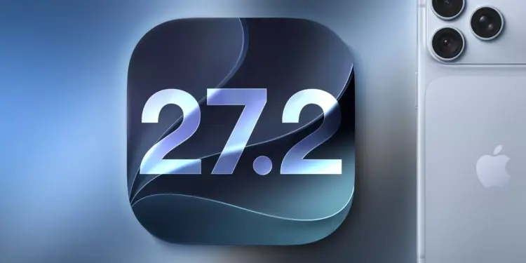 Logo pembaruan sistem operasi iOS 27.2 di sebelah perangkat iPhone.