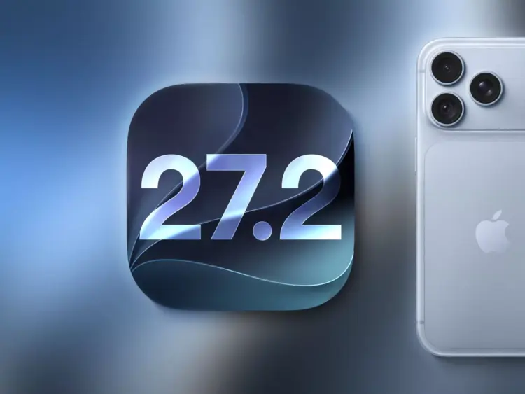Logo pembaruan sistem operasi iOS 27.2 di sebelah perangkat iPhone.