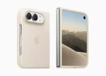 Desain bodi belakang dan layar luar iPhone Duo warna krem dengan logo Apple dan kamera ganda