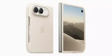 Desain bodi belakang dan layar luar iPhone Duo warna krem dengan logo Apple dan kamera ganda