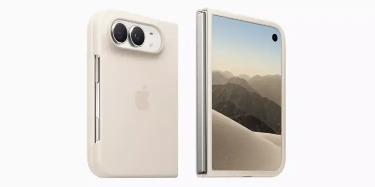 Desain bodi belakang dan layar luar iPhone Duo warna krem dengan logo Apple dan kamera ganda